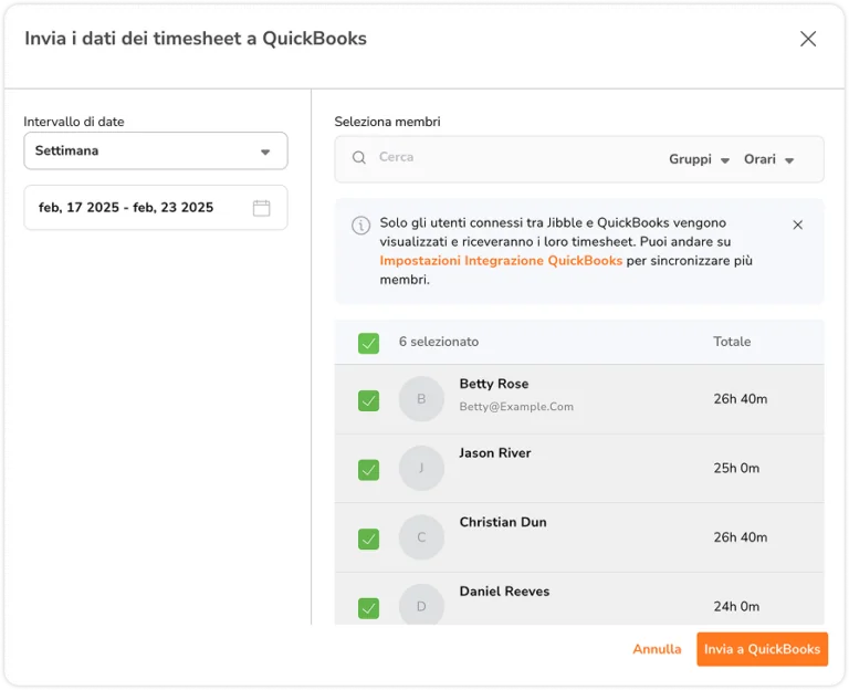 Sending timesheets to Quickbooks